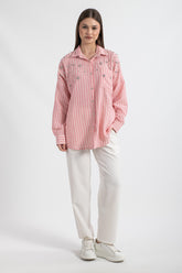 HatunAtila Taş ve İnci Detaylı Çizgili Gömlek 5165 Pembe