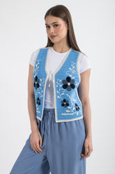 HatunAtila Çiçek Desenli Akrilik Süzine Yelek Mavi 5155