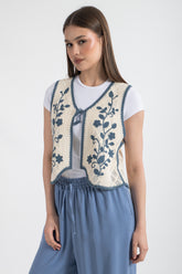 HatunAtila Akrilik Süzine Yelek Ekru İndigo - 5156