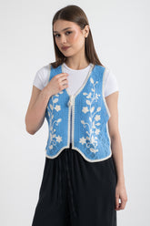 HatunAtila Akrilik Süzine Yelek Mavi Ekru - 5156
