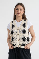 HatunAtila KaroDesenli Akrilik Süzene Yelek Siyah - 5151