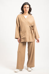 Hatun Atila Kadın Yandan Bağlamalı Cep Detaylı İkili Takım Vizon 8746