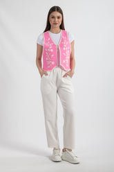 HatunAtila Akrilik Süzine Yelek Pembe Ekru - 5156