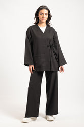 Hatun Atila Kadın Yandan Bağlamalı Cep Detaylı İkili Takım Siyah 8746