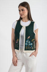 HatunAtila Çiçek Desenli Akrilik Süzine Yelek Zümrüt - 5136