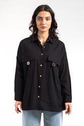 Hatun Atila Kadın Gold Düğmeli Cep Detaylı Gömlek 8731 - Siyah