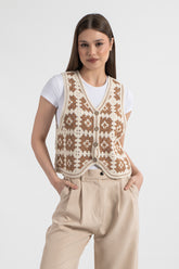 HatunAtila Desenli Süzine Örgü Triko Yelek Ekru Kahve - 5185