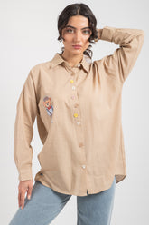 HatunAtila Ayıcık Detaylı Keten Gömlek Bej 8760