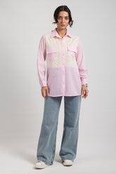 Hatun Atila Kadın Brode Dantel Detaylı Çizgili Gömlek 7921 - Pembe