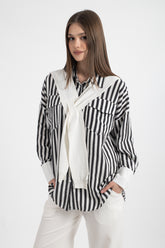 Hatun Atila Kadın Triko Süveter Bağlamalı Cep Detaylı Çizgili Gömlek 8752 - Siyah