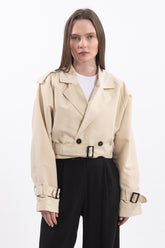 Oversize Kısa Kruvaze Kesim Kemerli Trençkot 7701 - Krem