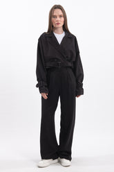 Oversize Kısa Kruvaze Kesim Kemerli Trençkot 7701 - Siyah