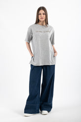 HatunAtila Kadın İnci Detaylı Bisiklet Yaka Tişört 7834 - Gri