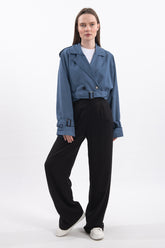 Oversize Kısa Kruvaze Kesim Kemerli Trençkot 7701 - Mavi