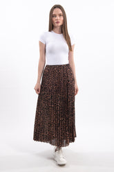 Kadın Leopar Desenli Piliseli Midi Etek