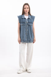 Hatun Atila Cep Kapaklı Kolu Eskitme Kot Yelek