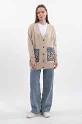 Leopar Desenli Cepli V Yaka Uzun Kollu Triko Hırka - Bej