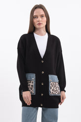 Leopar Desenli Cepli V Yaka Uzun Kollu Triko Hırka - Siyah