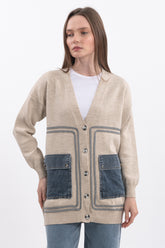 Denim Cepli V Yaka Uzun Kollu Triko Hırka - Bej
