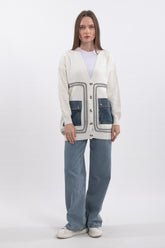 Denim Cepli V Yaka Uzun Kollu Triko Hırka - Ekru