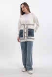 Denim Cepli V Yaka Uzun Kollu Triko Hırka - Ekru