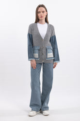 Denim Detaylı İşlemeli V Yaka Uzun Kollu Triko Hırka - Gri