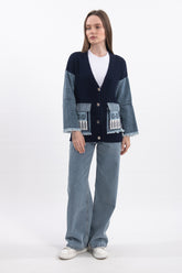 Denim Detaylı İşlemeli V Yaka Uzun Kollu Triko Hırka - Siyah