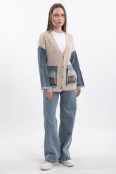 Denim Detaylı İşlemeli V Yaka Uzun Kollu Triko Hırka - Bej