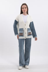 Denim Detaylı İşlemeli V Yaka Uzun Kollu Triko Hırka - Ekru