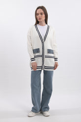 Şerit Detaylı Denim Cepli V Yaka Uzun Kollu Triko Hırka - Ekru