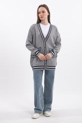 Şerit Detaylı Denim Cepli V Yaka Uzun Kollu Triko Hırka - Gri