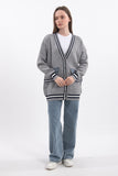 Şerit Detaylı Denim Cepli V Yaka Uzun Kollu Triko Hırka - Gri