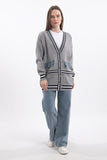 Şerit Detaylı Denim Cepli V Yaka Uzun Kollu Triko Hırka - Gri