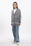 Şerit Detaylı Denim Cepli V Yaka Uzun Kollu Triko Hırka - Gri