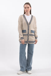 Şerit Detaylı Denim Cepli V Yaka Uzun Kollu Triko Hırka - Bej