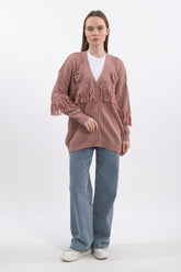 Püskül ve Çiçek Detaylı V Yaka Uzun Kollu Triko Hırka - Gül Kurusu