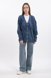 Püskül ve Çiçek Detaylı V Yaka Uzun Kollu Triko Hırka - İndigo