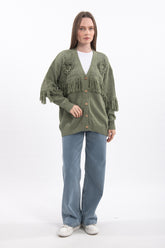 Püskül ve Çiçek Detaylı V Yaka Uzun Kollu Triko Hırka - Haki