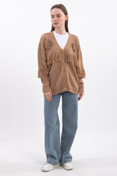 Püskül ve Çiçek Detaylı V Yaka Uzun Kollu Triko Hırka - Kahve