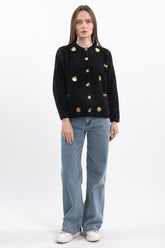 Çiçek Detaylı Bisiklet Yaka Uzun Kollu Triko Hırka - Siyah