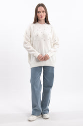 İnci ve Taş Detaylı Oversize Uzun Kollu Triko Hırka - Beyaz