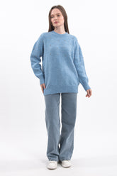 İnci ve Taş Detaylı Oversize Uzun Kollu Triko Hırka - Mavi