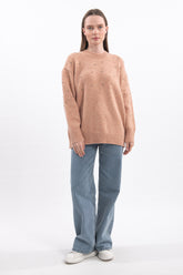 İnci ve Taş Detaylı Oversize Uzun Kollu Triko Hırka - Pudra