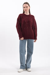 İnci ve Taş Detaylı Oversize Uzun Kollu Triko Hırka - Bordo