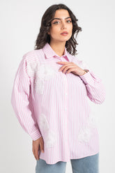Hatun Atila Tül Çiçek Ve İnci Detaylı Çizgili Gömlek 7929 - Pembe