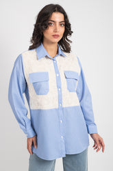 Hatun Atila Kadın Brode Dantel Detaylı Çizgili Gömlek 7921 - Mavi