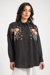 Hatun Atila Kadın Çiçek İşlemeli Gömlek 8726 - Siyah