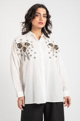 Hatun Atila Kadın Çiçek İşlemeli Gömlek 8726 - Beyaz