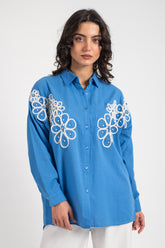 Hatun Atila Kadın Süzene Çiçek İşlemeli Taş Ve İnci Detaylı Gömlek 8728 - Mavi