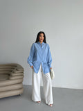 Yandan Bağlamalı Oversize Uzun Kollu Gömlek 2513 - Mavi